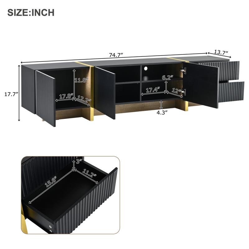 Bellemave]ON-TREND Luxury Fluted TV Stand for TVs Up to 80'', Modern Entertainment Center with Storage Cabinets & Drawers, Smooth Media Console with Golden Wood Grain Legs for Living Room, Black