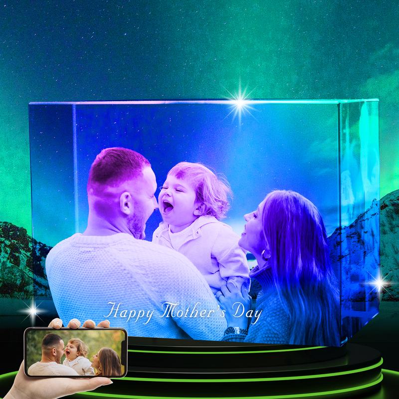 3D Crystal Photo Frame - Personalized Birthday, Wedding, Pet, Memorial, Mother's Day, Father's Day, Valentine's Day, Anniversary Gift with Free Multicolor Light Base