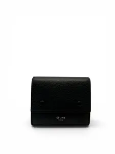 Pre-owned Celine GRAINED CALFSKIN LEATHER Small Leather Goods BLACK GRAINED CALFSKIN SMALL TRIFOLD WALLET