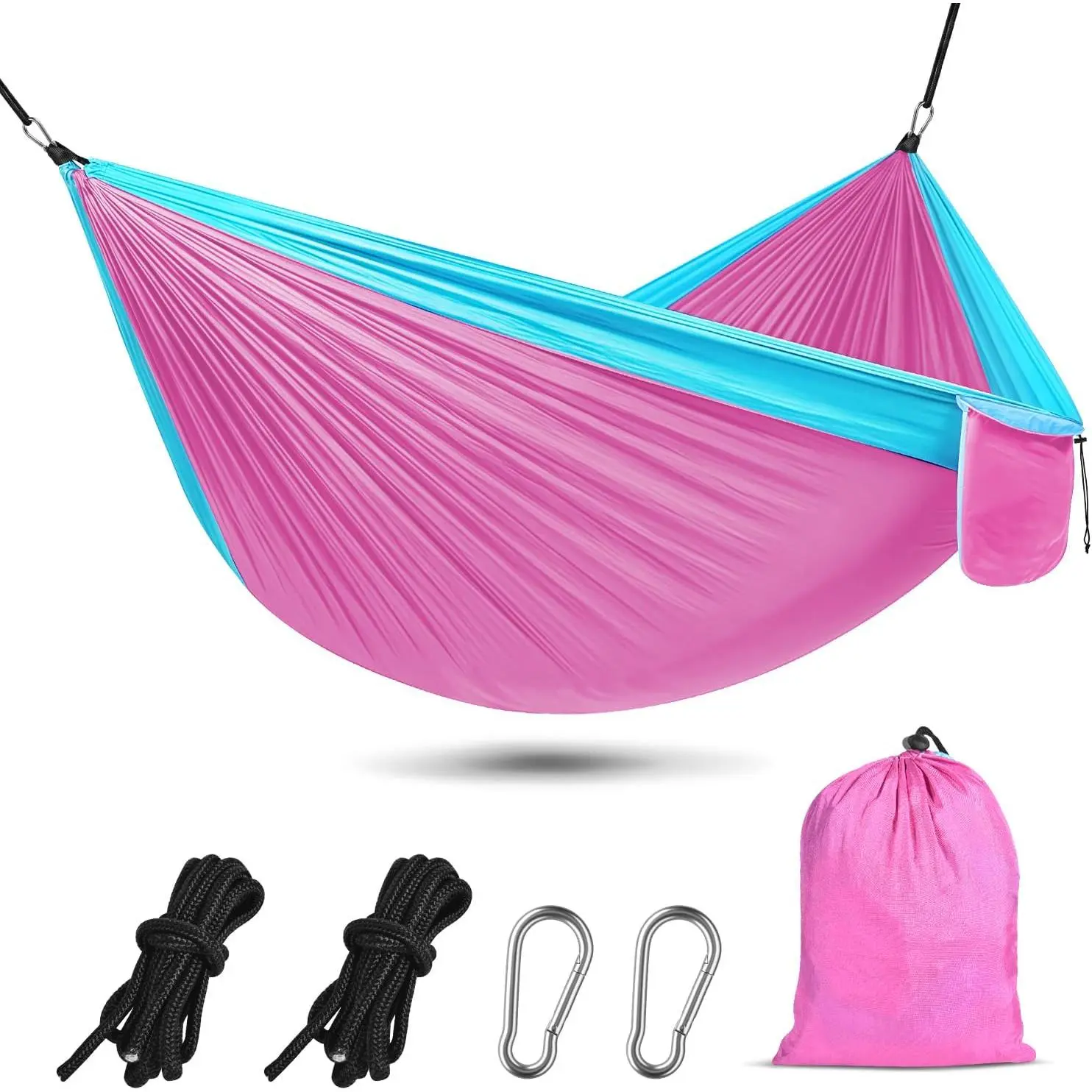 Portable Lightweight 500lbs Single/Double Camping Hammock with Tree Straps & Carry Bag, Ideal for Camping Backpacking Hiking Travel Beach Outdoor Indoor, Blue & Pink Available