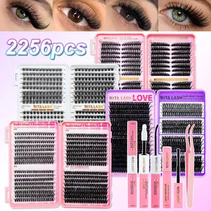 RITALASH 2256Pcs Large Pack 4 Trays Lash Book Clusters Kit Eyelash Clusters Lash Kit Volume Lashes Clusters D Curl DIY Individual False Eyelashes with  Bond&Seal Wispy Bulk Cluster Eyelash Extensions Kit
