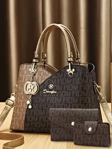 Classic Vintage Letter Print Three-Piece Women's Bag Set, New Commuter Handbag, Large Capacity Shoulder Crossbody Bag, Casual Style