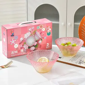 Light Iuxury Gradient Glass Salad Bowl Set of 2 Gift Box Packaging,18.6 Oz Relief Pattern Crystal Bowl,Suitable Salads, Fruits, Dips, Snacks, Desserts, Nuts, Etc