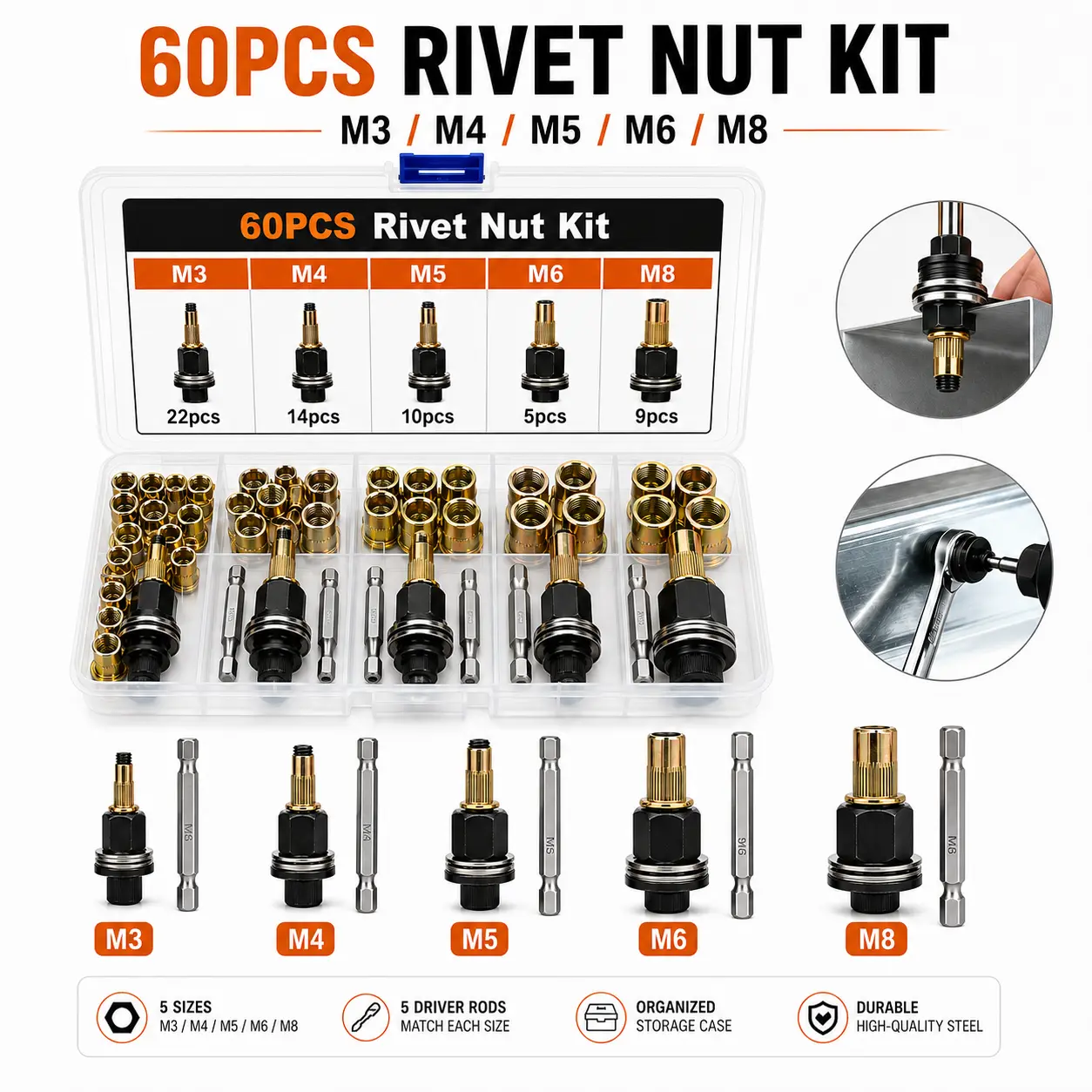 175pcs Rivet Nut Kit, Carbon Steel Zinc-Plated M3-M10 Slotted Flat Head Threaded Inserts, Full Thread, Heavy-Duty Blind Rivet Nuts Set for Automotive Repair, Furniture Assembly & Industrial Projects