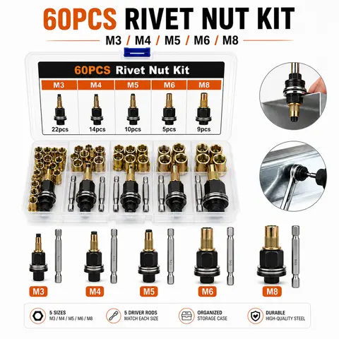 175pcs Carbon Steel Zinc-Plated Slotted Flat Head Rivet Nut Kit with Driver Rods, Full Thread Nut Inserts (M3-M8 Sizes), Heavy-Duty Blind Fasteners for Automotive Use, Furniture Repair on Metal Surfaces