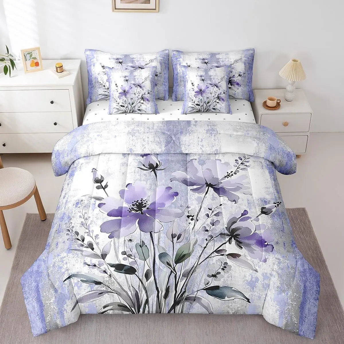 Feelyou 7-Piece Queen Bedding Set for Girls - Rustic Farmhouse Purple Autumn Floral, Ombre Violet Gray Comforter, Bedding Sheets, Printed Blanket, Queen Bedding Sets