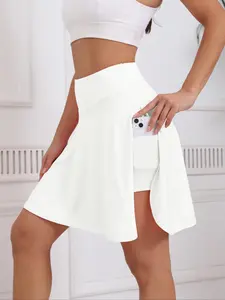 Spring Summer Two-Piece Yoga Skirt, Outdoor Tennis Badminton Golf Fitness Training, Quick-Dry Breathable High-Waisted Sportswear Solid Pocket Skorts, Sporty Breathable Skorts