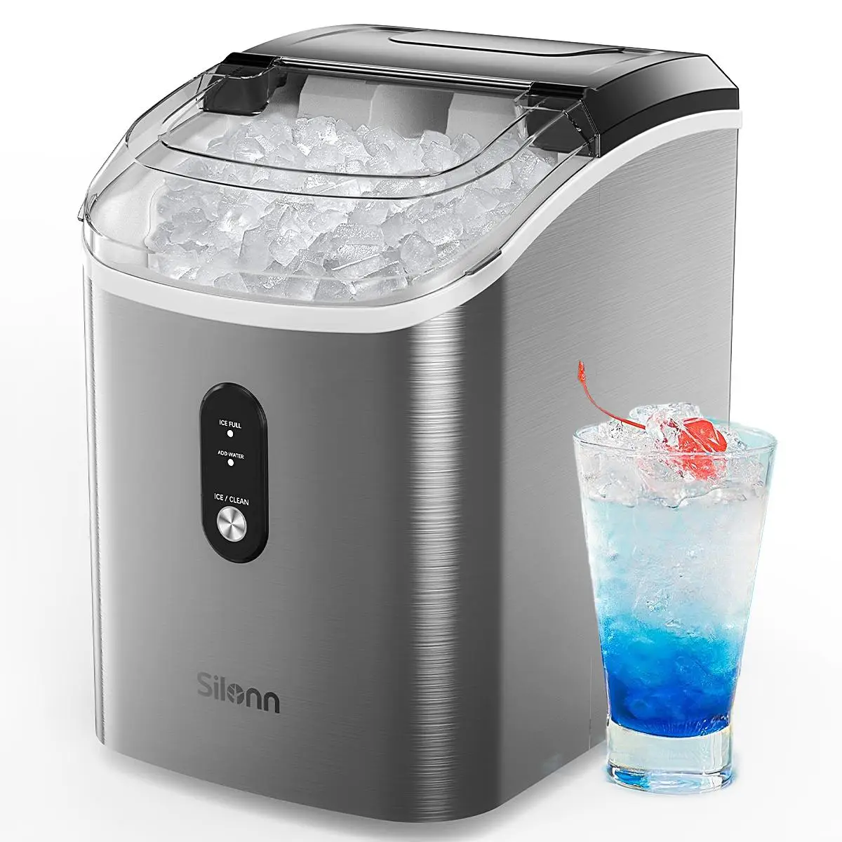 Silonn Nugget Ice Maker Countertop, Silonn Chewable Pellet Ice Machine with Self-Cleanin Function, 33lbs/24H Portable Ice Makers for Home Kitchen Offi