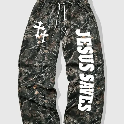 Men's Casual Camo Long Pants, Loose Fitting Drawstring Wide Leg Design, Jesus Letter and Cross Print, All-Season Fashion, Camouflage Branches Pattern, Casual Lounge Pants, Relaxed Fit Clothes