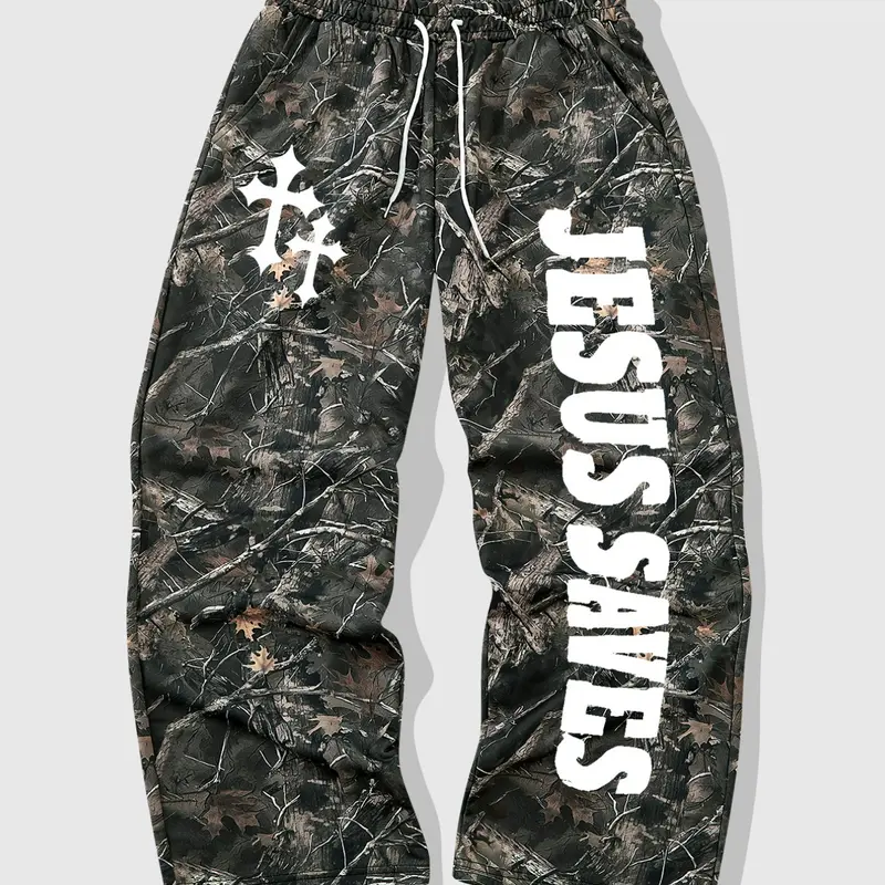 Men's Casual Camo Long Pants, Loose Fitting Drawstring Wide Leg Design, Jesus Letter and Cross Print, All-Season Fashion, Camouflage Branches Pattern, Casual Lounge Pants, Relaxed Fit Clothes