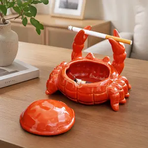 Crab Ceramic Ashtray with Lid, Small Decorative Home Decor Piece for Office and Living Room Use