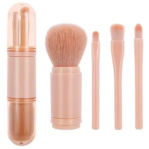 4-Piece 4-in-1 Telescopic Compact Makeup Brush Set, On-the-Go Travel-Ready Soft Bristles Kit for Eyeshadow, Loose Powder, Blush, Professional Beauty Cosmetic Tool (Pink)