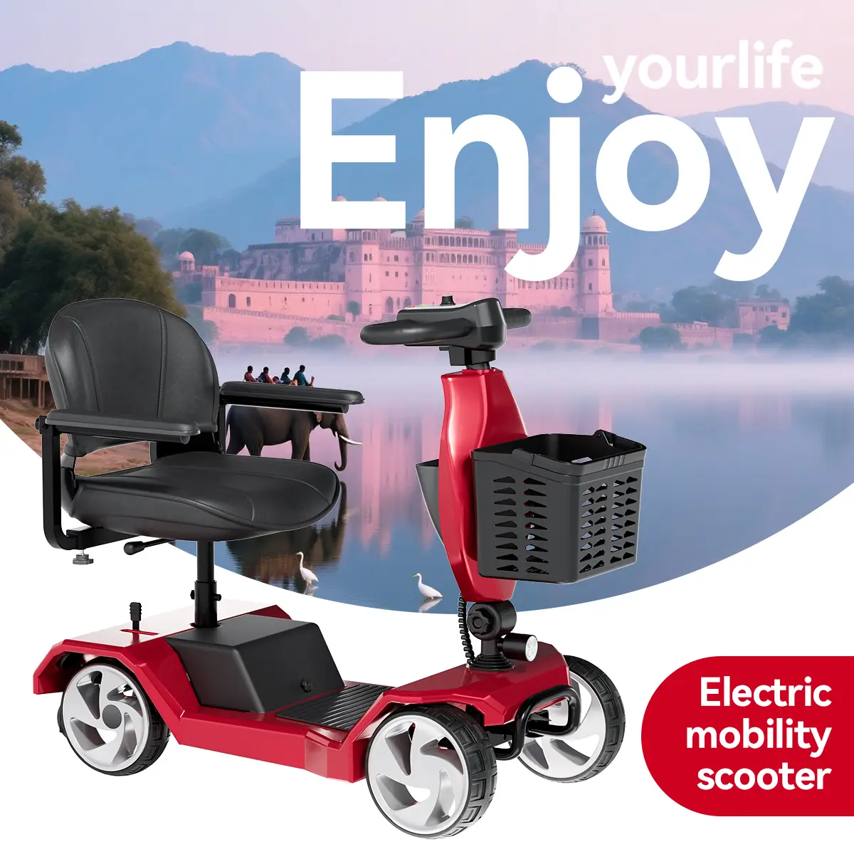 Adult Mobility Scooter with Adjustable Handlebar - Safe Whole-Vehicle Charging, Solid Pneumatic Tires for Rough Roads, 265-Lb Load Capacity, Adjustable Speed, Black Friday Limited-Time Specials