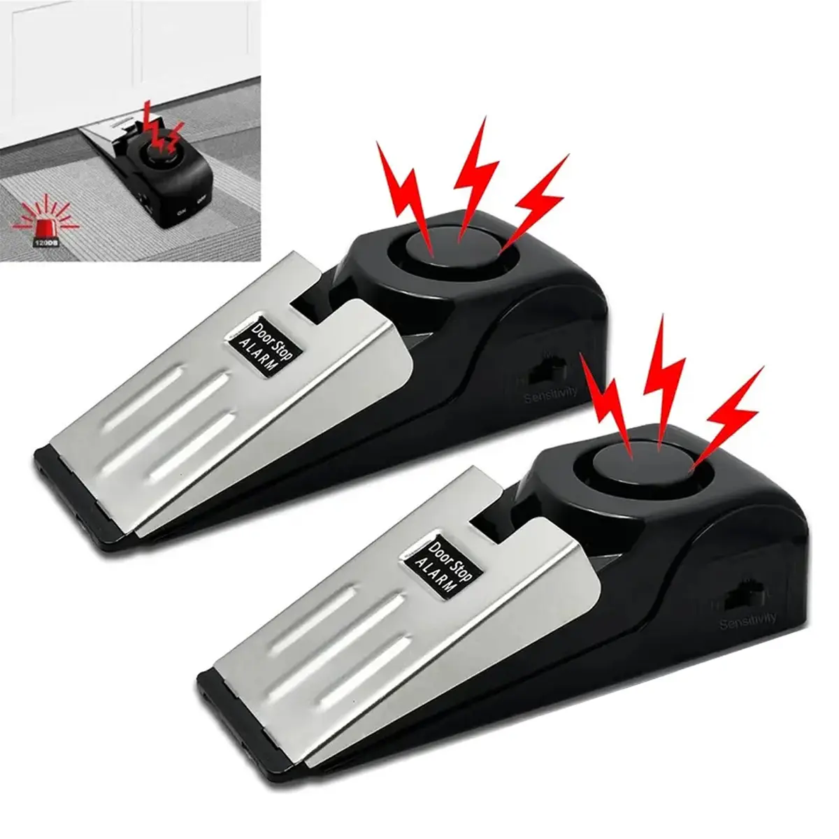 2-Pack Stainless Steel Door Stopper Alarm, Home Security Anti-Theft Device with 120db Loud Alert Push Trigger, 3 Sensitivity Modes, Pressure-Resistant, Tool-Free Easy Installation