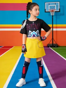Girls Devil Dress Up Cosplay Costume Set, Mira Group Print Short Sleeve + Shorts + Gloves + Knee Pads, Kpop Halloween Party