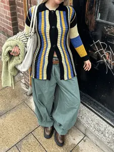 Women's Plus Size Colorblock Lace Knit Cardigan, Long Sleeve Striped Button Down, Y2K Streetwear Casual Top, Beach Party Shirt