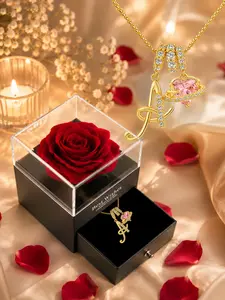 Personalized Letter Necklace with Rose Gift Box, Card & Gift Bag, Pendant with Heart Crystal, Perfect Gift for Women, Wife, Girlfriend, Friend