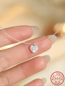 Elegant S925 Silver Zirconia Heart Pendant Necklace for Women, Fashionable Transparent Chain Clavicle Chain, Perfect Gift for Valentine's Day, Heart Shaped Necklace