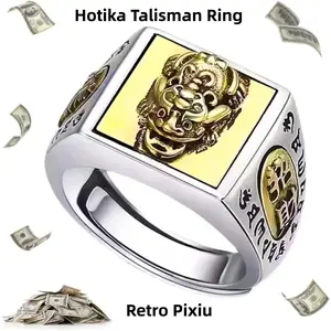 Feng Shui Pixiu Amulet Ring, Adjustable Wealth Protection and Good Luck Amulet, Buddhist Wide Band Ring