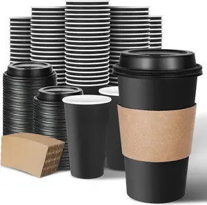100 Pack Disposable Coffee Cups with  and Sleeves 16 oz, To Go Black Paper Hot Drinks Cups for , Cafes and Coffee bar Accessories