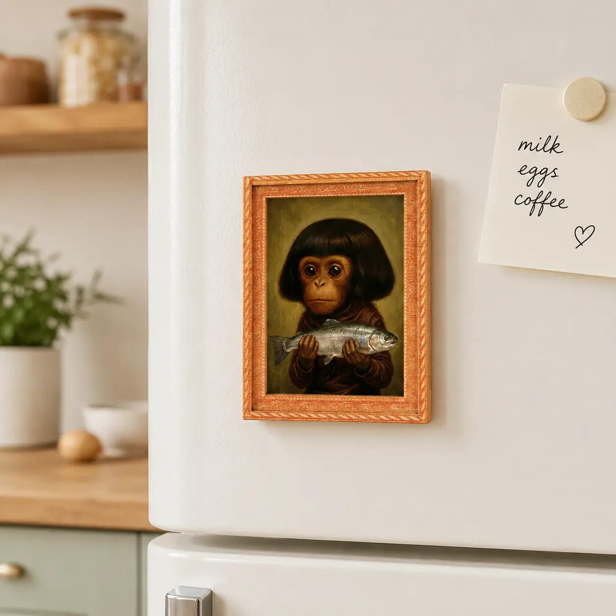 Funny Monkey Holding Fish Wooden Fridge Magnet Vintage Art Refrigerator Magnets Cute Animal Home Kitchen Decor