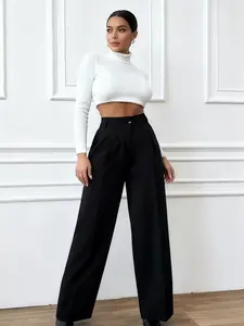 A piece of women's wide-leg version, inclusive and comfortable waist button and zipper high-waist design ladies trousers, suitable for autumn and winter, suitable for commuting, retro, street and other trendy styles, Casual Chic Trousers