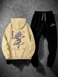 【Plus Size】 Dragon & Letter Print Sweatshirt & Pants Set, Casual Long Sleeve Hoodie & Jogger Pants, Men's Two-piece Outfits for Fall & Winter, Casual Fashion Set, Clothes