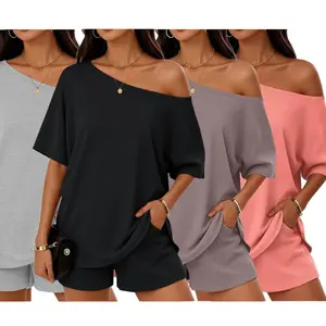 Women's Casual Two Piece Lounge Set OffShoulder Top & Pockets loose shorts , 2026-Summer T-Shirt, Casual & Breathable for Everyday Wear