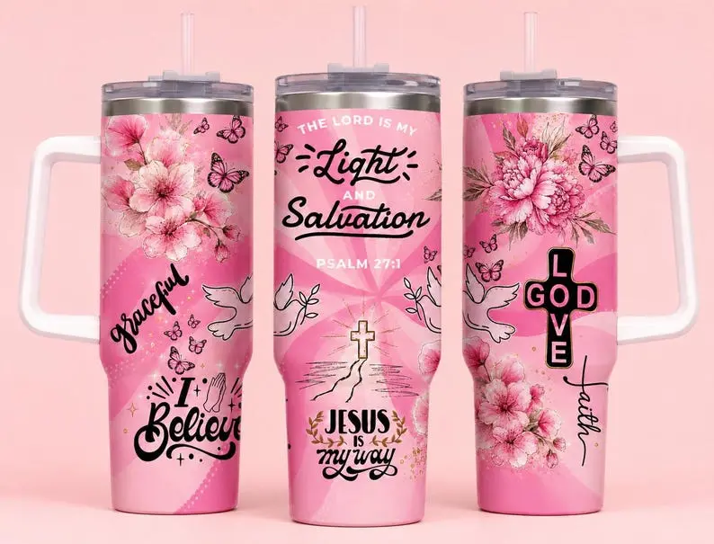 Psalm 27:1 Christian 40oz Tumbler with Handle and Straw, The Lord Is My Light and Salvation Travel Cup, Pink Floral Butterfly Jesus Design, Faith Bible Verse Gift, Insulated Stainless Steel Mug, Religious Women Drinkware