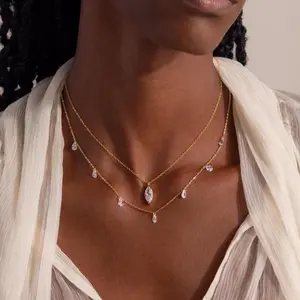 Diamond Drop Station Necklace by Caitlyn Minimalist - Crystal Teardrop Charm Necklace - Elegant Wedding Jewelry - Maid of Honor Gift