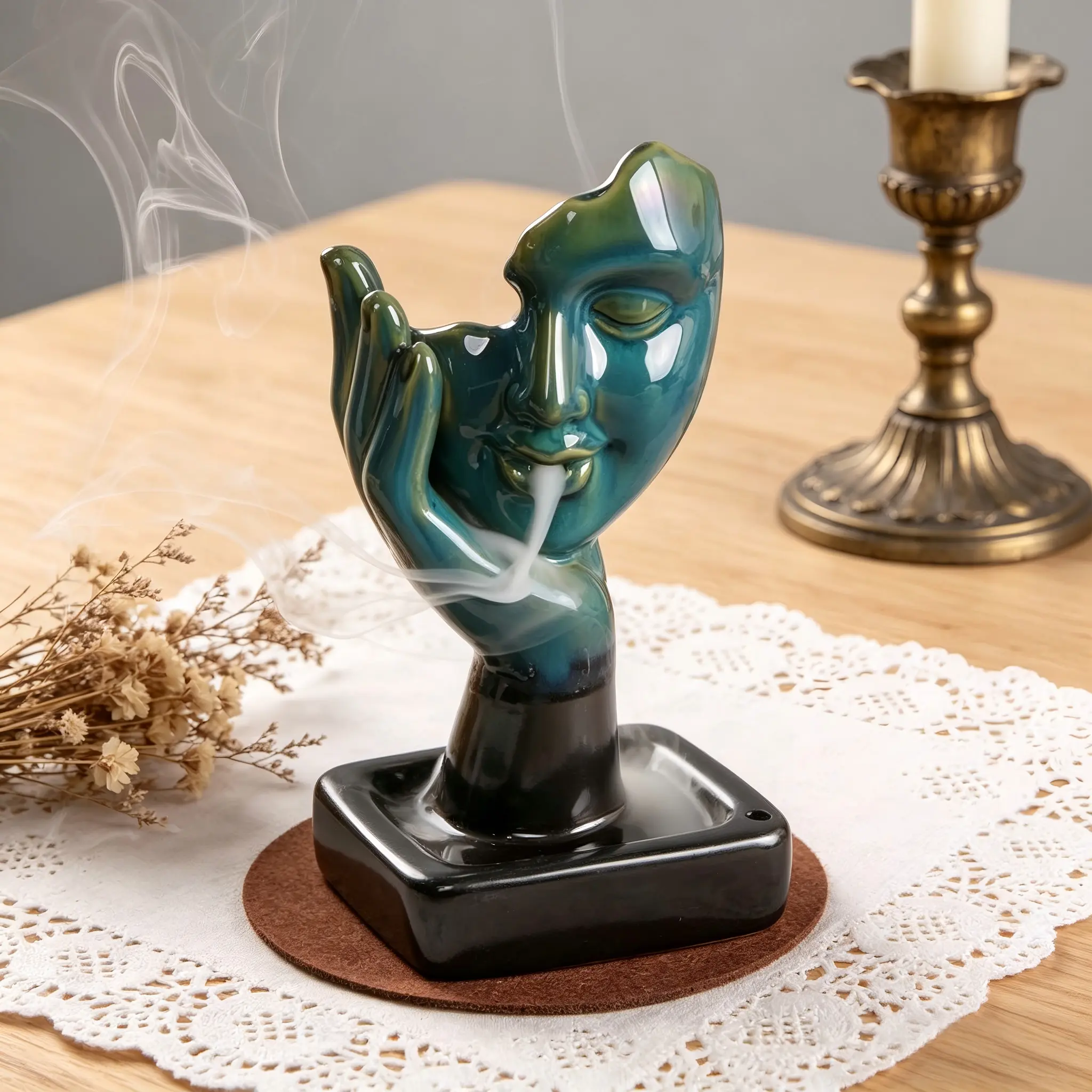 Abstract Face Backflow Incense Burner, Teal Ceramic Waterfall Incense Holder with Full Accessory Kit for Home Decor, Meditation & Stress Reliefbedroom decor home essentialsHome Essentialsbedroom decor