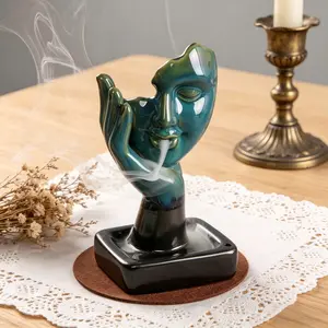 Abstract Face Backflow Incense Burner, Teal Ceramic Waterfall Incense Holder with Full Accessory Kit for Home Decor, Meditation & Stress Reliefbedroom decor home essentialsHome Essentialsbedroom decor