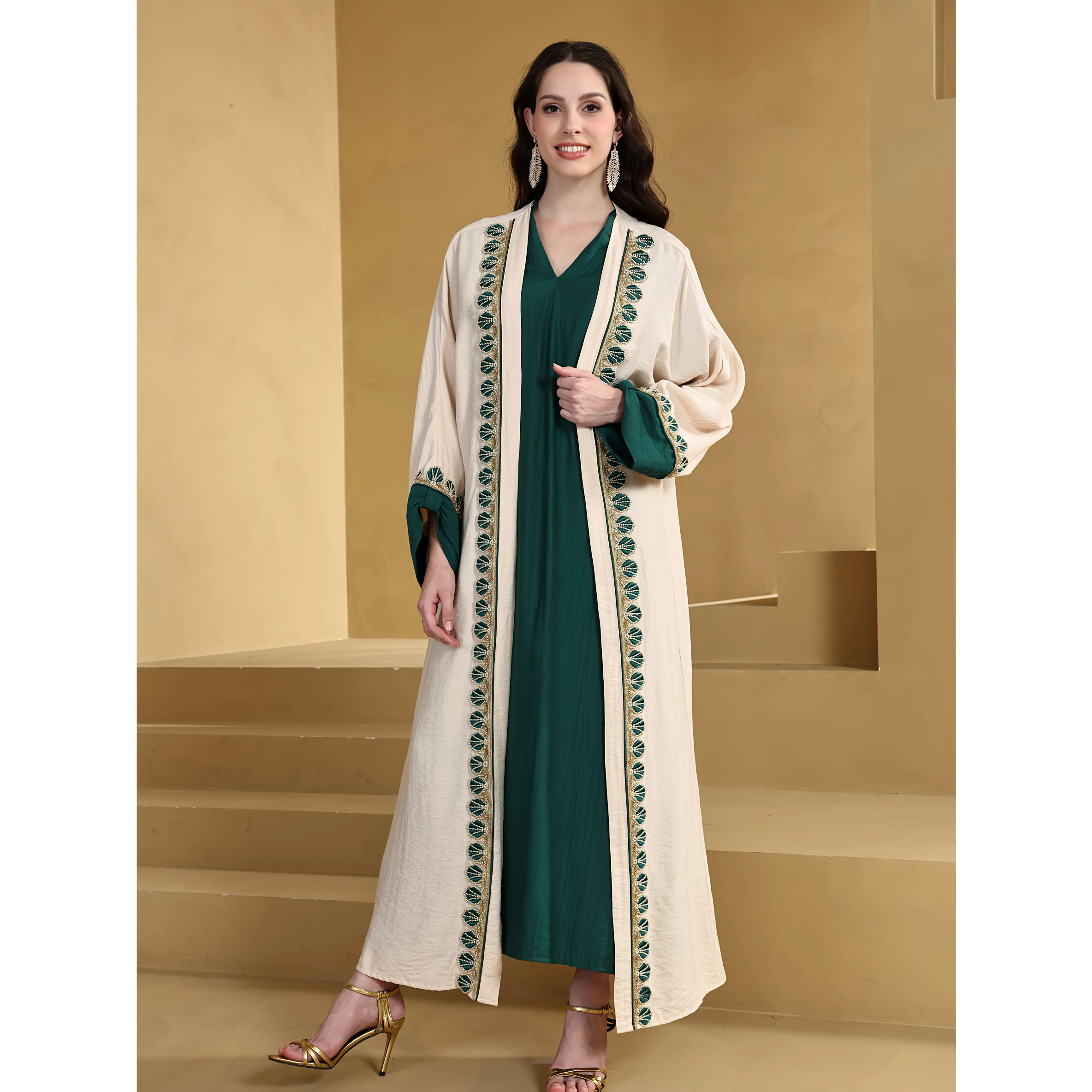 25022 New Two-Piece Set Fashion Women'S Middle Eastern Traditional Culture Clothing Abaya, Middle Eastern Handmade Stitched Muslim Turkish Dubai Long Sleeve Dress Evening Gown, All-Season, V-Neck, Solid Color, Embroidered Details, Kaftan, for Women, Women