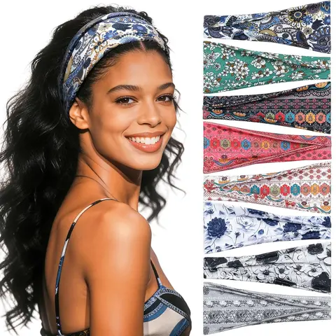 Fashion Women's Headbands for Short Hair Non Slip Elastic Floral Hairbands, Soft Fabric Thick Stripe Head Bands