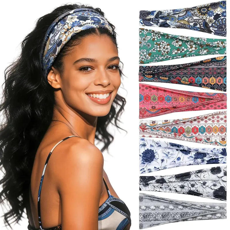 Fashion Women's Headbands for Short Hair Non Slip Elastic Floral Hairbands, Soft Fabric Thick Stripe Head Bands