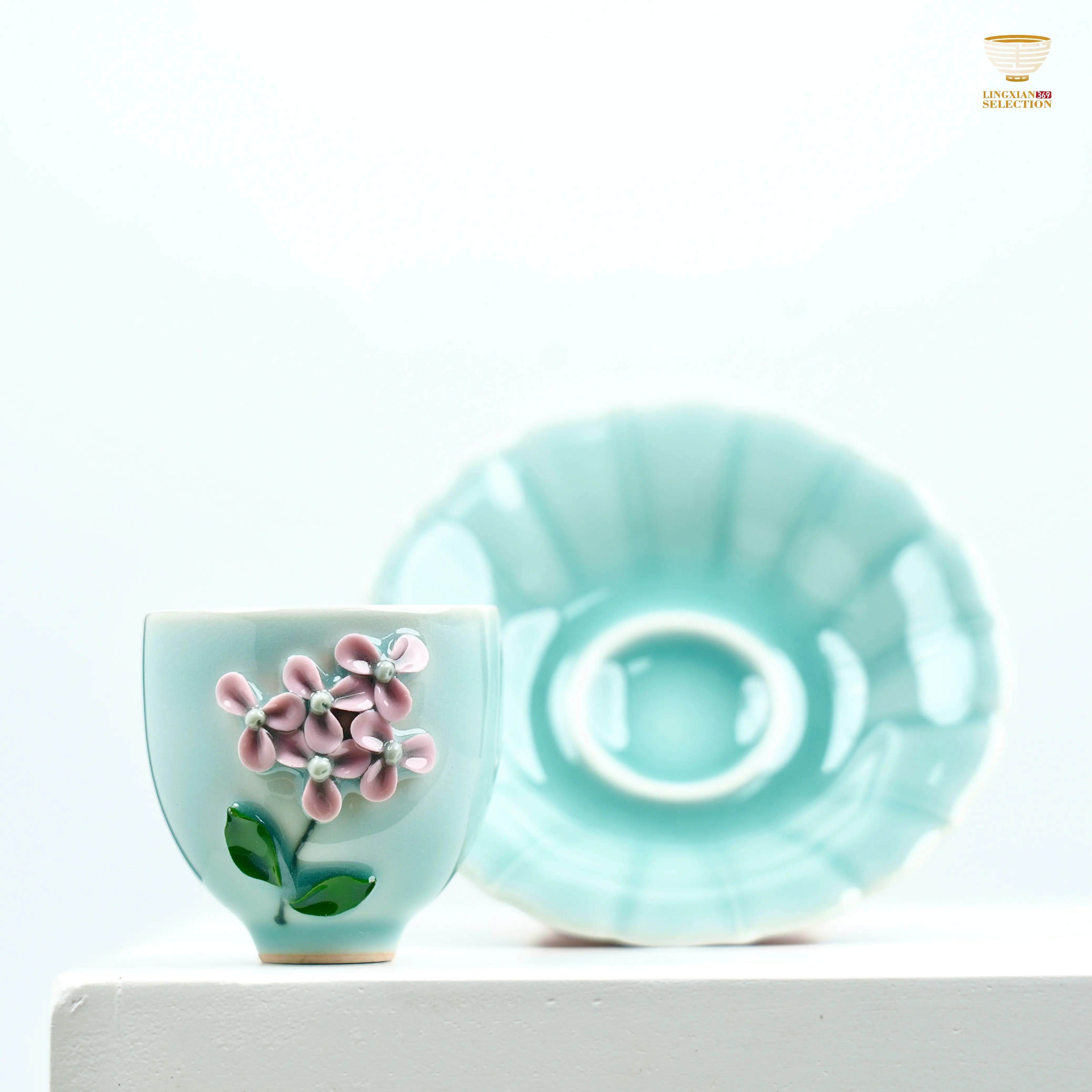 Lei Huixian Handmade Celadon Teacup Set | Cloud, Koi & Floral Relief Series | Sculpted 3D Porcelain Gift Set