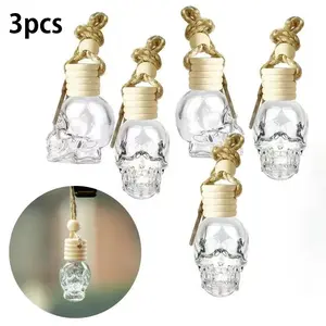3PC Available Unscented Reusable Skull Glass Car Empty Bottle, Essential Oil Fragrance Pendant with Hanging Rope for Air Freshener Empty Bottle Decoration, Halloween, Car Diffuser