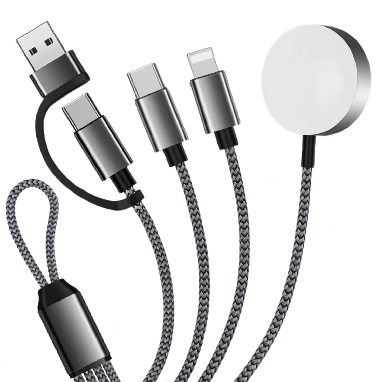 3 in 1 Multi Charging Cable with Watch Charger, USB A & USB C Input, Braided Universal Charging Cord Compatible with Smart Watch, USB C Phones, Lightning Devices, Travel Multi Device Charger Cable