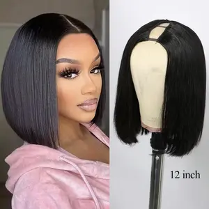 Megeen Hair V Part Bob Wig Human Hair Straight Glueless Upgraded U Part Wig for Women 10-16 Inch Short Human Hair 1B Natural Color 150% Density
