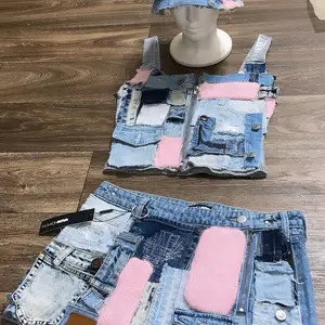 Pink PatchWork Denim Skirt Womenswear Women Lady Bottom