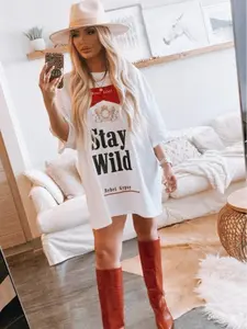 Cowgirl Stay Wild Festival Concert T-Shirt / Tee Dress Oversized Fitted Crewneck Short Sleeve White All Seasons Comfortable Fit Loose Women's Wear