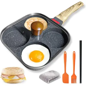 4‑Cup Nonstick Egg Pan Set with Lid – Aluminum Omelette Skillet for Breakfast, Includes Silicone Scraper, Oil Brush, Chopsticks & Cleaning Cloth – Compatible with Gas & Induction Cooktops
