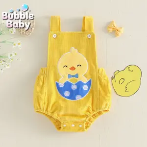 Baby Boy/Girl Cute Easter Chick Romper - Yellow Corduroy Sleeveless Bodysuit with 3D Duck Applique & Polka Dot Egg | Newborn Spring Summer& Easter Outfit