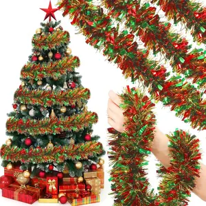 2PCS 196Inch Golden Red Green Festive Tinsel for Christmas Tree Decor