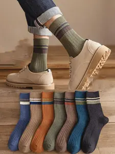 Men's Patchwork Striped Print Contrast Binding Crew Socks, Sock Set, Casual Comfy Breathable Mid-calf Socks for Daily Wear, Men's Socks for Spring & Fall