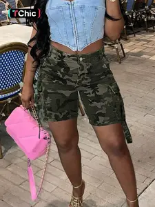 Women's Camo Pocket Fashion Jeans Shorts, Sexy Fitted Design for Spring Summer, Trendy Mid-Thigh Pants with Button Fly Closure