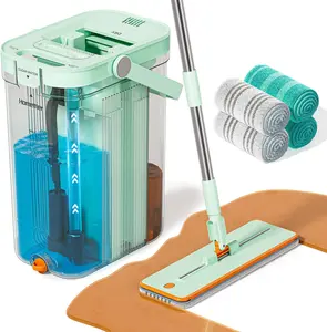 Transparent Mop and Bucket Set with Separate Dirty & Clean Water, 65" Flat Mop for Floor Cleaning, 4 Machine Washable Microfiber Pads for Wood Tile - Green