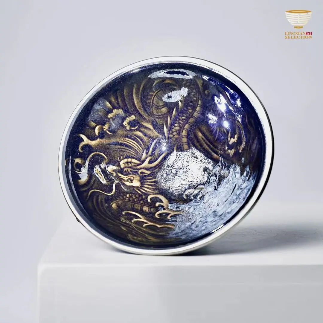 BaiDing Hidden Dragon and Phoenix Silver-Rim Jian Zhan Teacup - Handmade Bamboo Hat Shaped, Iridescent Black Glaze, Relief Design, Artisan Quality, Cultural Heritage, Authentic, Thoughtful Gift for Any Occasion, Collector's Kung Fu Teaware, Tea Cup, Authe