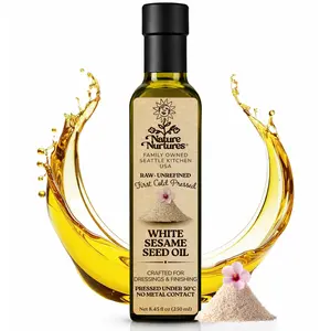 White Sesame Seed Oil for Cooking and Drizzling · Raw · Unrefined · First Cold-Pressed at Temperatures Below 30°C · Pressed Only Once · Without Metal or Wood Contact · Small Batch · Handcrafted in USA · 100% Pure & Natural · Also Loved for Skin and Hair