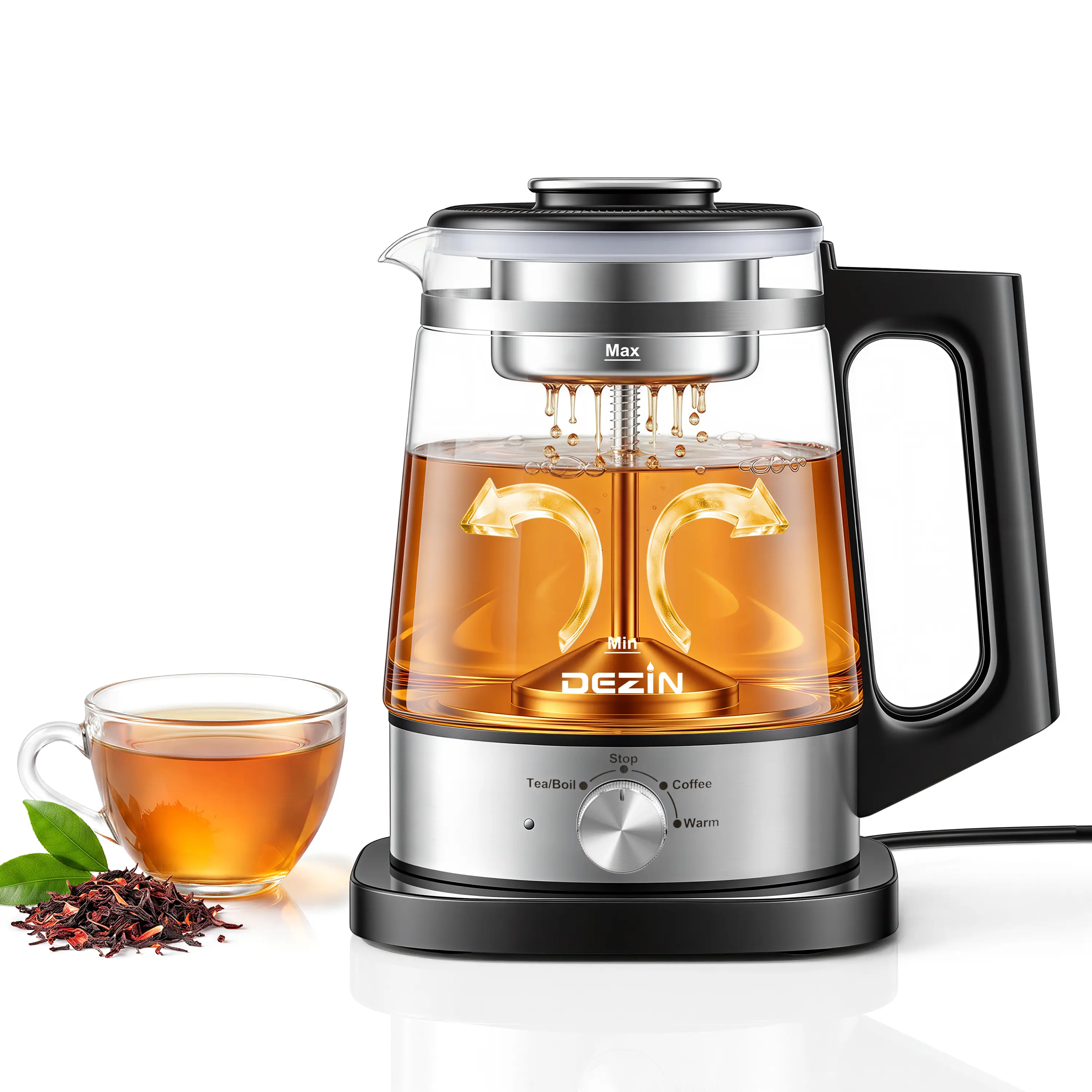 Dezin Electric Tea Kettle With Infuser for Loose Leaf, No Plastic In Contact With Water, Hot Tea Maker,Coffee Maker, Automatic Shut Off, 1.2L Borosilicate Glass